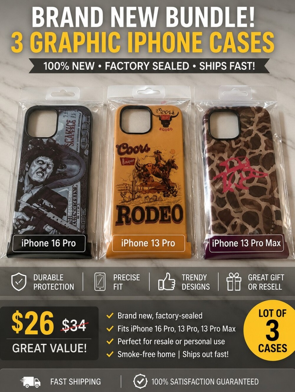 Brand New Lot of 3 iPhone Cases - Fits 16 Pro, 13 Pro, 13 Pro Max